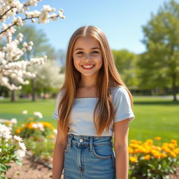 A cute teenage girl with a bright smile, wearing a tight denim outfit, standing in a sunny park