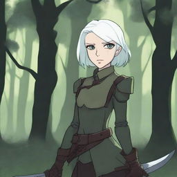 An animated style changeling ranger stands in a mystical forest, with short white hair and white eyes that are sharp and alert