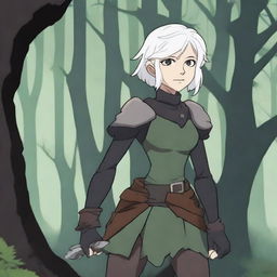 An animated style changeling ranger stands in a mystical forest, with short white hair and white eyes that are sharp and alert