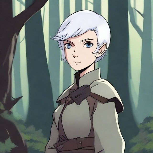 An animated style changeling ranger stands in a mystical forest, with short white hair and white eyes that are sharp and alert