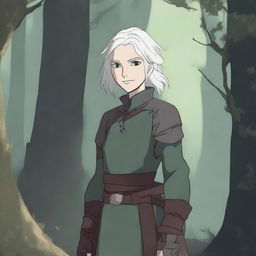 An animated style changeling ranger stands in a mystical forest, with short white hair and white eyes that are sharp and alert