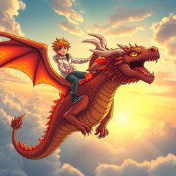 A manga-style boy with orange hair and a white hoodie is soaring through the skies while standing on his majestic lava dragon