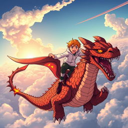 A manga-style boy with orange hair and a white hoodie is soaring through the skies while standing on his majestic lava dragon