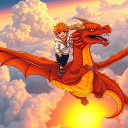 A manga-style boy with orange hair and a white hoodie is soaring through the skies while standing on his majestic lava dragon