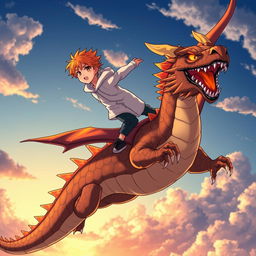 A manga-style boy with orange hair and a white hoodie is soaring through the skies while standing on his majestic lava dragon