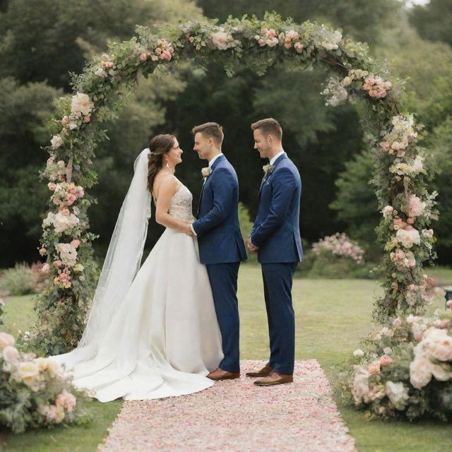 A heartwarming scene of a wedding ceremony with a bride and groom standing at an altar, set in an open garden under a floral arch.