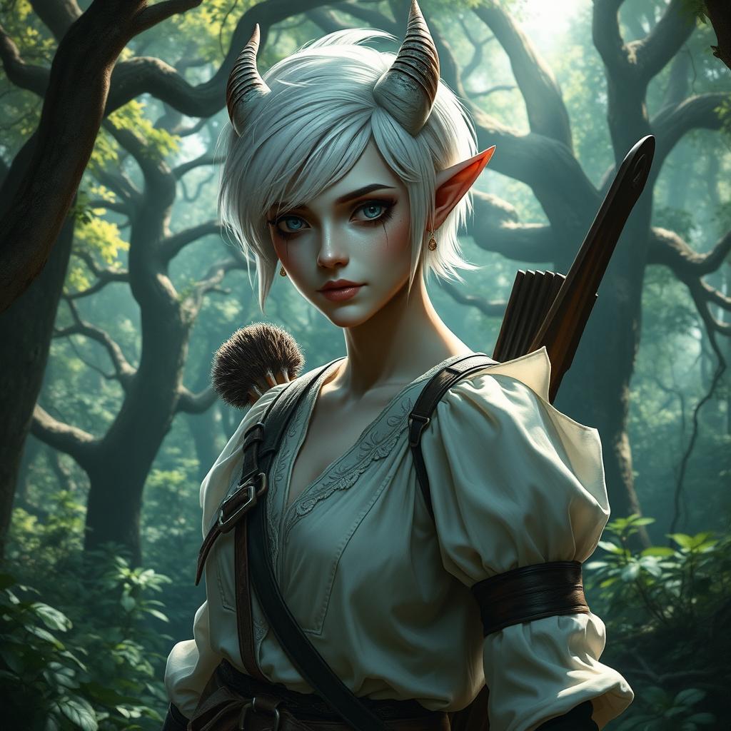 A changeling ranger stands in a mystical forest, with short white hair and white eyes that are sharp and alert