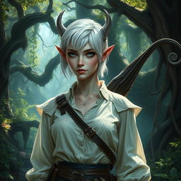 A changeling ranger stands in a mystical forest, with short white hair and white eyes that are sharp and alert