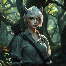 A changeling ranger stands in a mystical forest, with short white hair and white eyes that are sharp and alert