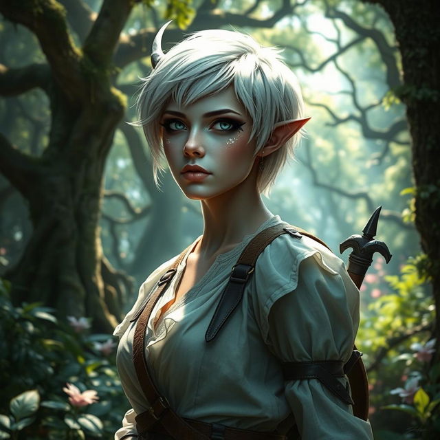 A changeling ranger stands in a mystical forest, with short white hair and white eyes that are sharp and alert