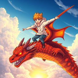 A manga-style teenage boy with orange hair and a white hoodie is soaring through the skies while standing on his majestic lava dragon