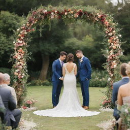 A heartwarming scene of a wedding ceremony with a bride and groom standing at an altar, set in an open garden under a floral arch.