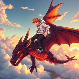 A manga-style teenage boy with orange hair and a white hoodie is soaring through the skies while standing on his majestic lava dragon