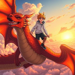 A manga-style teenage boy with orange hair and a white hoodie is soaring through the skies while standing on his majestic lava dragon