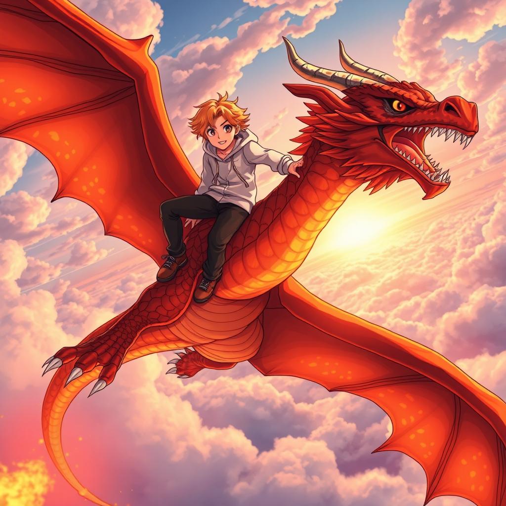 A manga-style teenage boy with orange hair and a white hoodie is soaring through the skies while standing on his majestic lava dragon