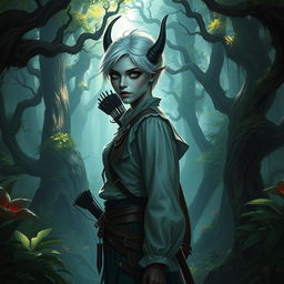 A concept art style depiction of a changeling ranger standing in a mystical forest