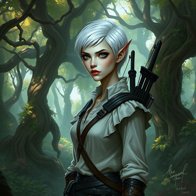 A concept art style depiction of a changeling ranger standing in a mystical forest