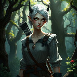 A concept art style depiction of a changeling ranger standing in a mystical forest