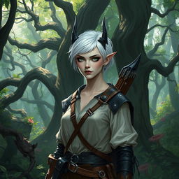 A concept art style depiction of a changeling ranger standing in a mystical forest