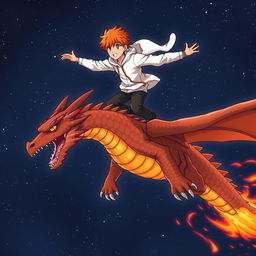 A manga-style teenage boy with orange hair and a white hoodie is soaring through the night skies while standing on his majestic lava dragon