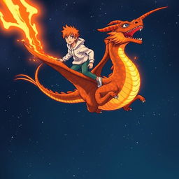 A manga-style teenage boy with orange hair and a white hoodie is soaring through the night skies while standing on his majestic lava dragon