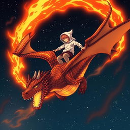 A manga-style teenage boy with orange hair and a white hoodie is soaring through the night skies while standing on his majestic lava dragon