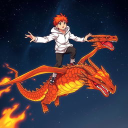 A manga-style teenage boy with orange hair and a white hoodie is soaring through the night skies while standing on his majestic lava dragon