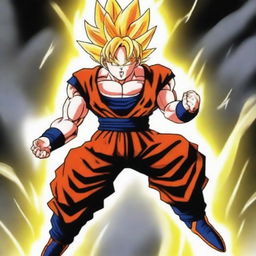 Create an intense and powerful image of Goku from Dragonball Z as he powers up