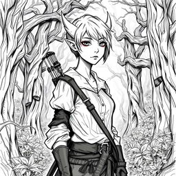 A sketch style illustration of a changeling ranger standing in a mystical forest