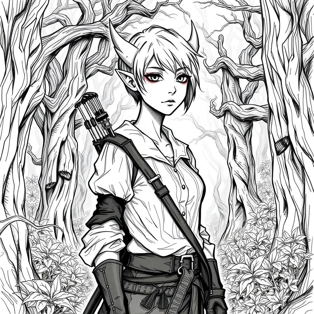 A sketch style illustration of a changeling ranger standing in a mystical forest