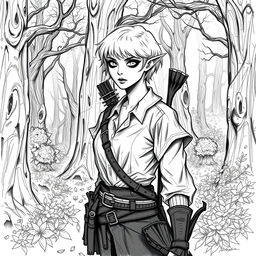 A sketch style illustration of a changeling ranger standing in a mystical forest