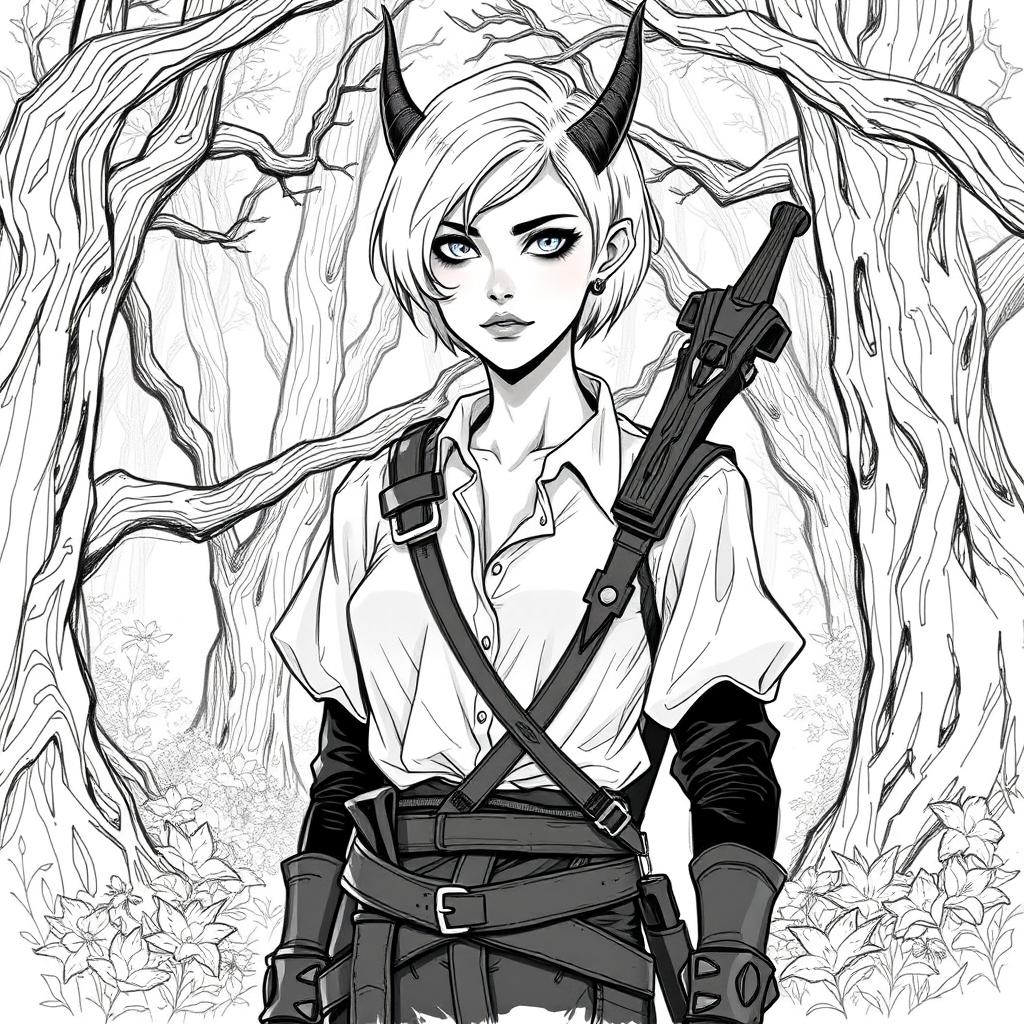 A sketch style illustration of a changeling ranger standing in a mystical forest