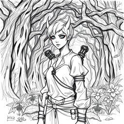 A sketch style illustration of a changeling ranger standing in a mystical forest