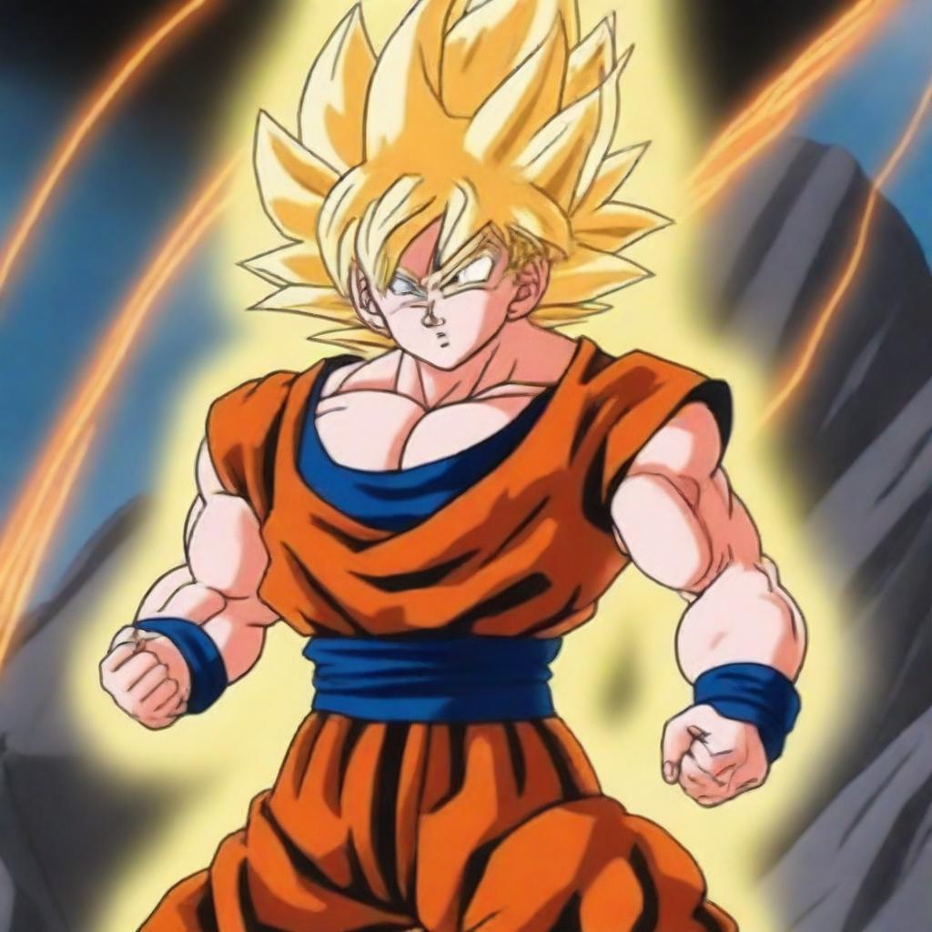 Goku from Dragonball Z is powering up, with his hair turning golden and energy radiating around him in an intense aura