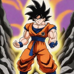 Goku from Dragonball Z is powering up, with his hair turning golden and energy radiating around him in an intense aura