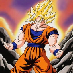 Goku from Dragonball Z is powering up, with his hair turning golden and energy radiating around him in an intense aura