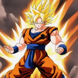 Goku from Dragonball Z is powering up, with his hair turning golden and energy radiating around him in an intense aura