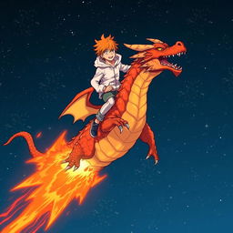 A manga-style teenage boy with orange hair and a white hoodie is soaring through the night skies while standing on his majestic lava dragon