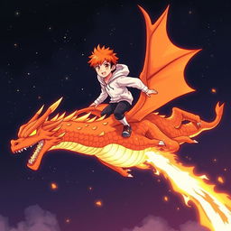 A manga-style teenage boy with orange hair and a white hoodie is soaring through the night skies while standing on his majestic lava dragon