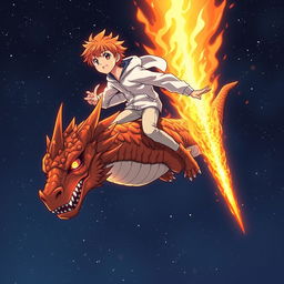 A manga-style teenage boy with orange hair and a white hoodie is soaring through the night skies while standing on his majestic lava dragon