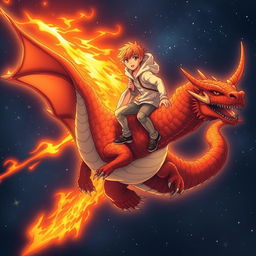 A manga-style teenage boy with orange hair and a white hoodie is soaring through the night skies while standing on his majestic lava dragon