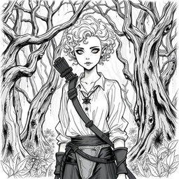 A sketch style illustration of a changeling ranger standing in a mystical forest