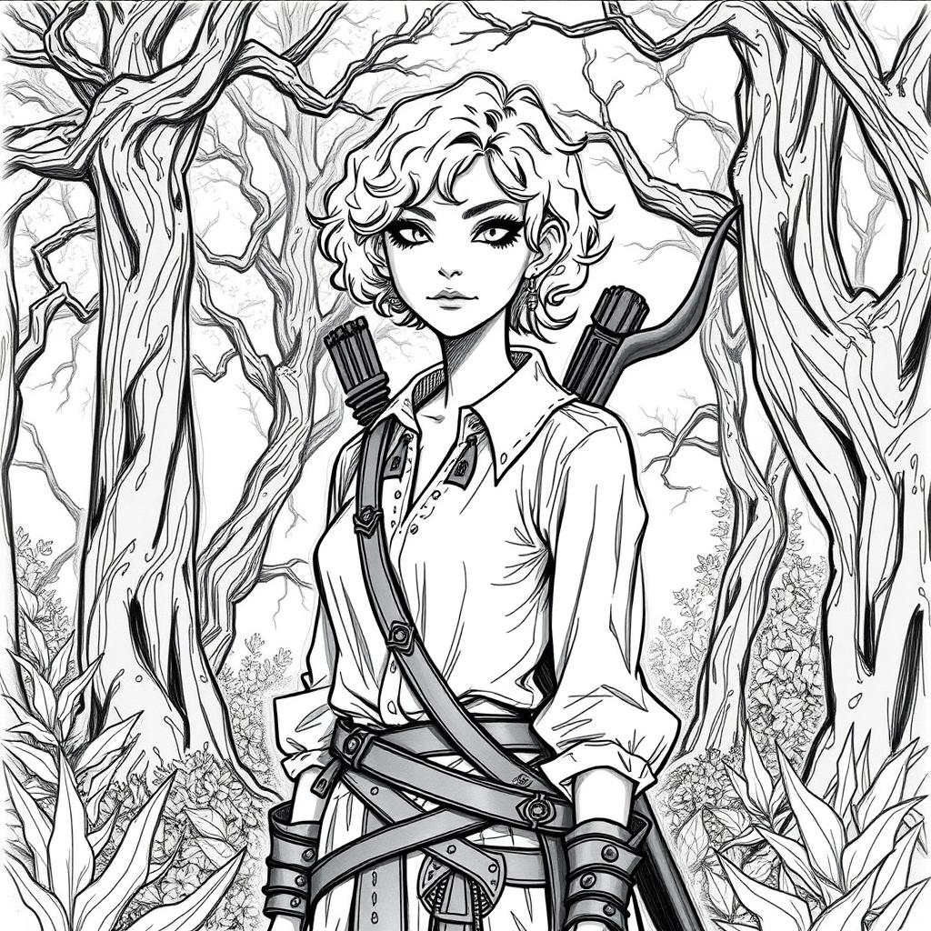 A sketch style illustration of a changeling ranger standing in a mystical forest