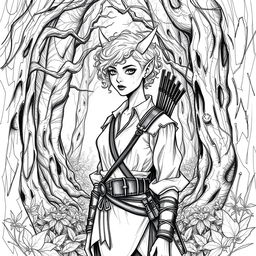 A sketch style illustration of a changeling ranger standing in a mystical forest