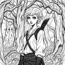 A sketch style illustration of a changeling ranger standing in a mystical forest