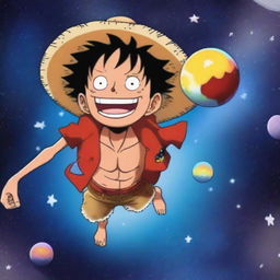 Luffy from One Piece wearing his iconic straw hat, floating in space with stars and planets in the background