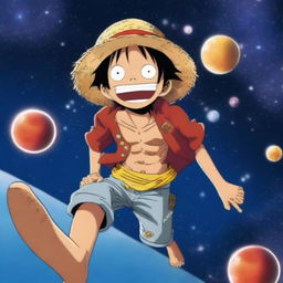 Luffy from One Piece wearing his iconic straw hat, floating in space with stars and planets in the background