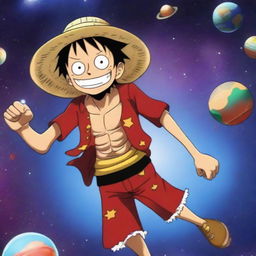 Luffy from One Piece wearing his iconic straw hat, floating in space with stars and planets in the background