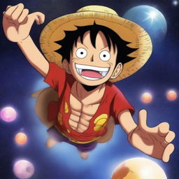 Luffy from One Piece wearing his iconic straw hat, floating in space with stars and planets in the background