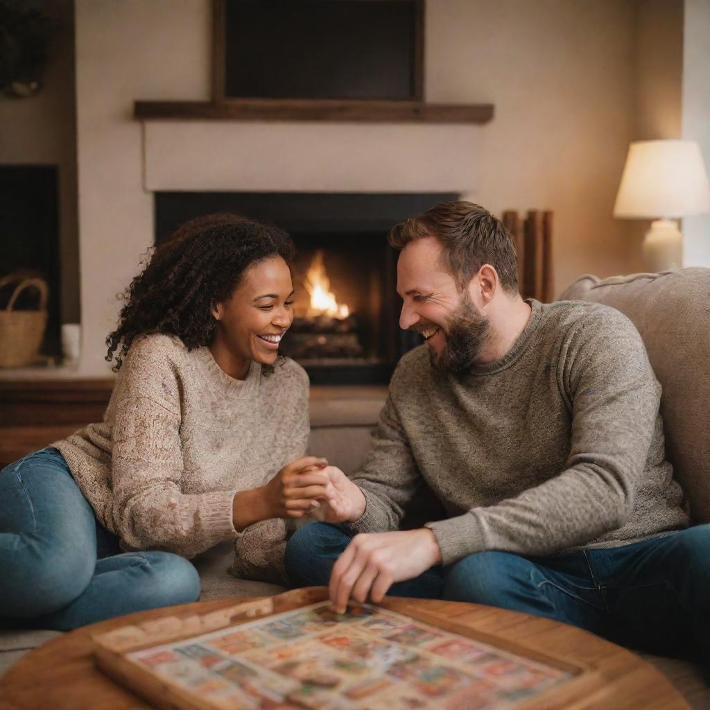 A homey, warm vignette showcasing a happily married couple enjoying a quiet evening together. They're cozy on the couch, laughing over a board game, with a brightly lit fireplace in the background.